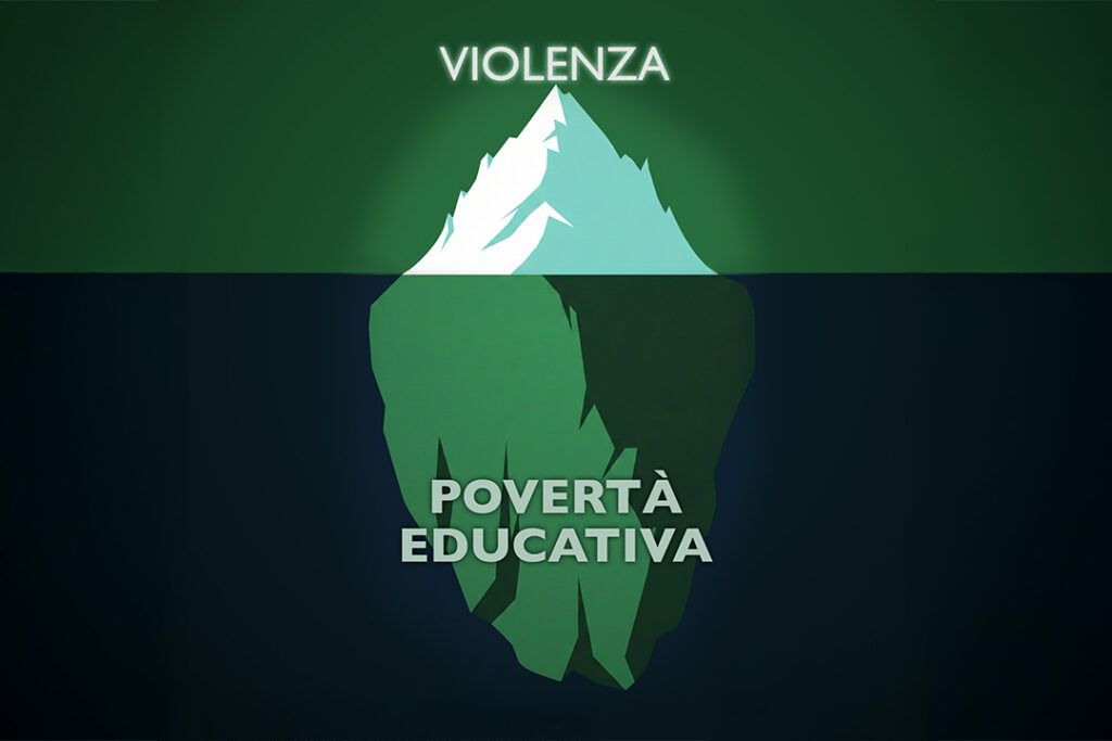 Illustrazione di un iceberg, vicino alla parte emergente si legge la parola "Violenza", nella parte sommersa "Povertà educativa"