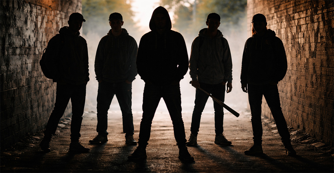 banda di 5 ragazzi, visti in controluce da dentro un tunnel